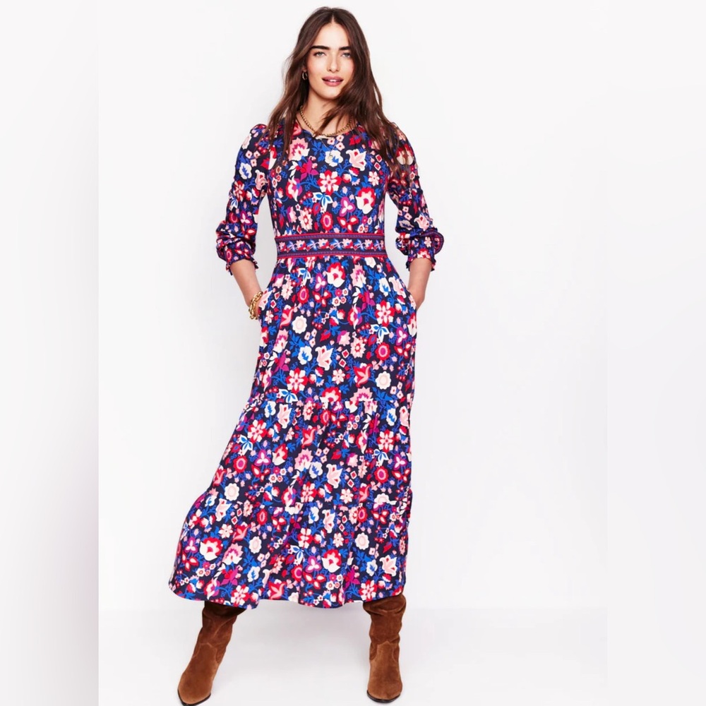 Boden Tabitha Tiered Jersey Dress-College Navy, Garden Vine